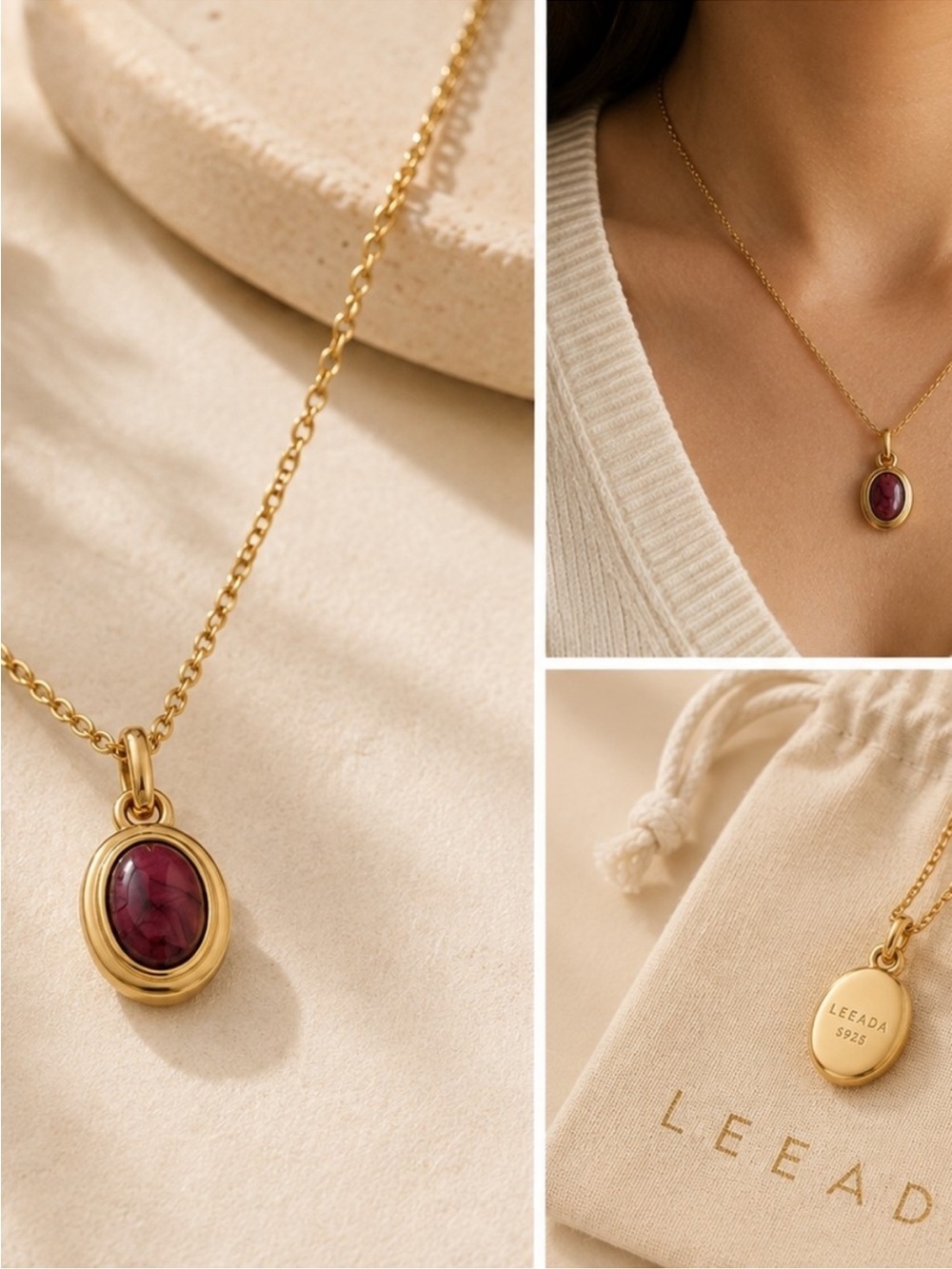 NWT LEEADA Gold Oval Gemstone Pendant Necklace with Burgundy Stone
